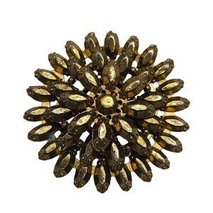 Vintage Gold Rhinestone Floral Brooch Pin Round Design Gold Tone Metal